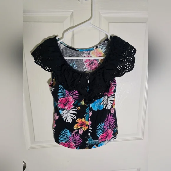 Justice Girls Tropical Ruffle Neck Tank Blouse Large - Picture 7 of 7